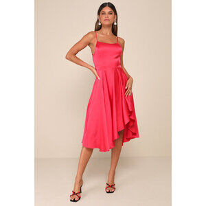Lulus Days Like Today Magenta Satin Asymmetrical Tie-back Midi Dress Pink